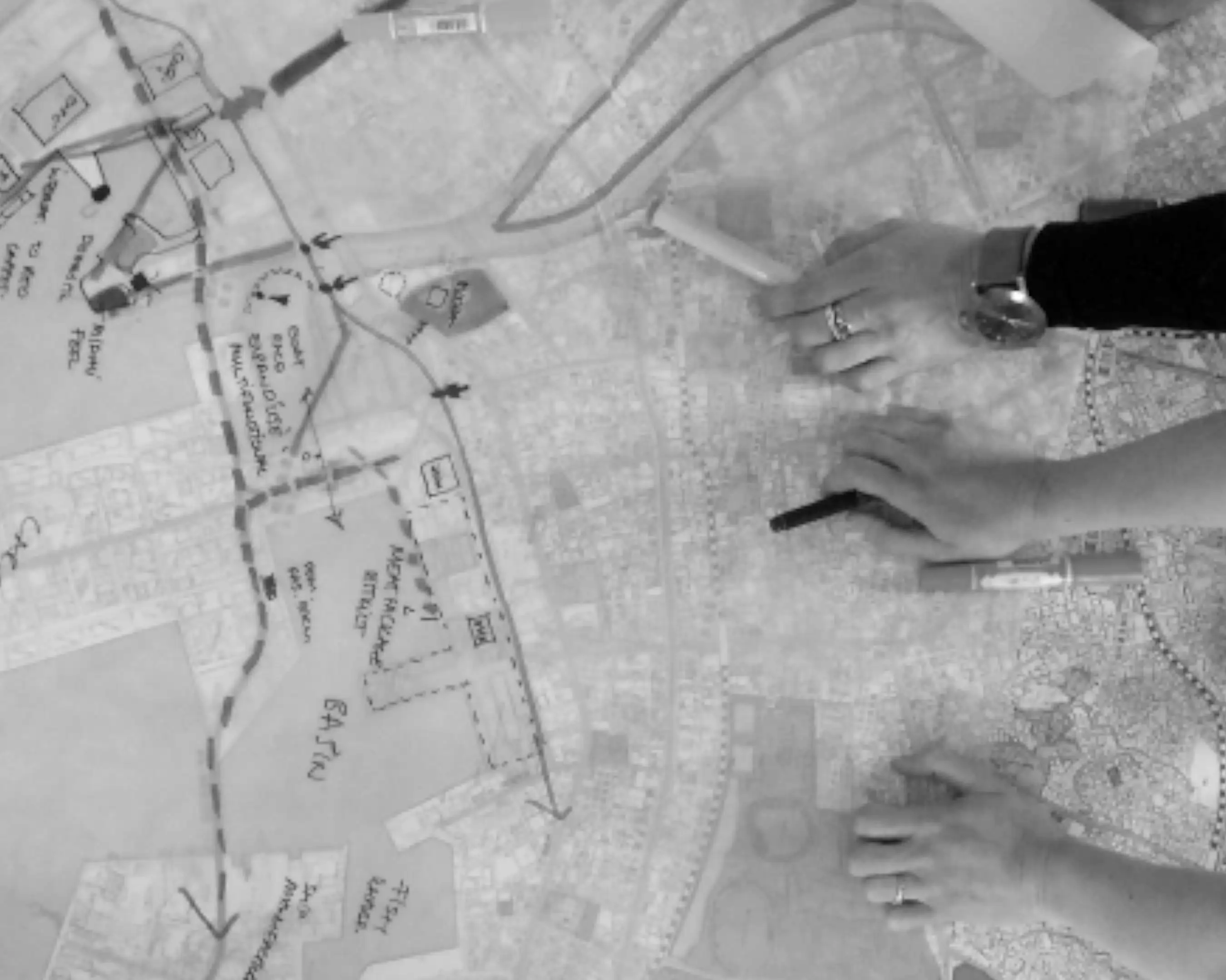 A collaborative mapping exercise created by a student from the Master's program in Urbanism. The black-and-white image shows multiple hands working on a large map with handwritten notes, sketches, and markings indicating urban planning ideas, routes, and areas of interest. Various markers and drawing tools are scattered on the table.