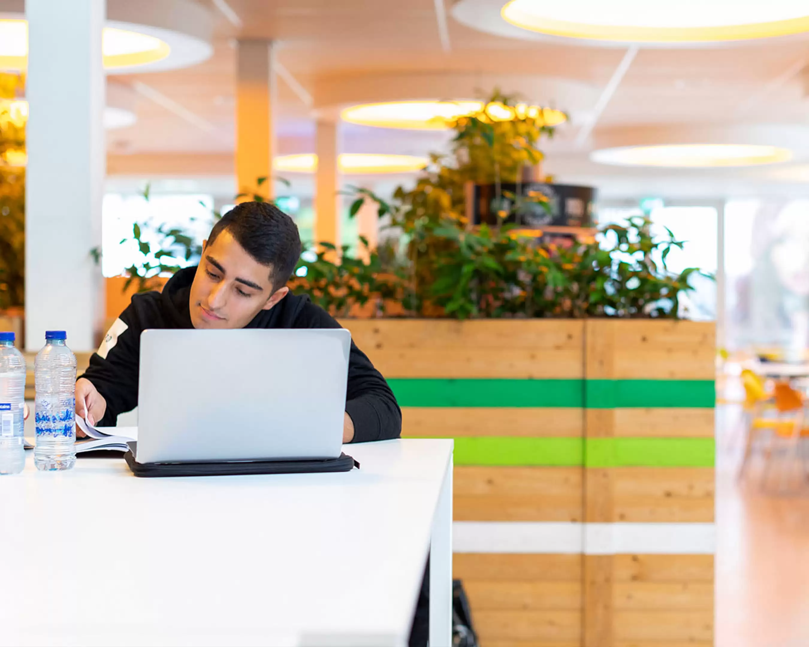 Student achter laptop in studieruimte