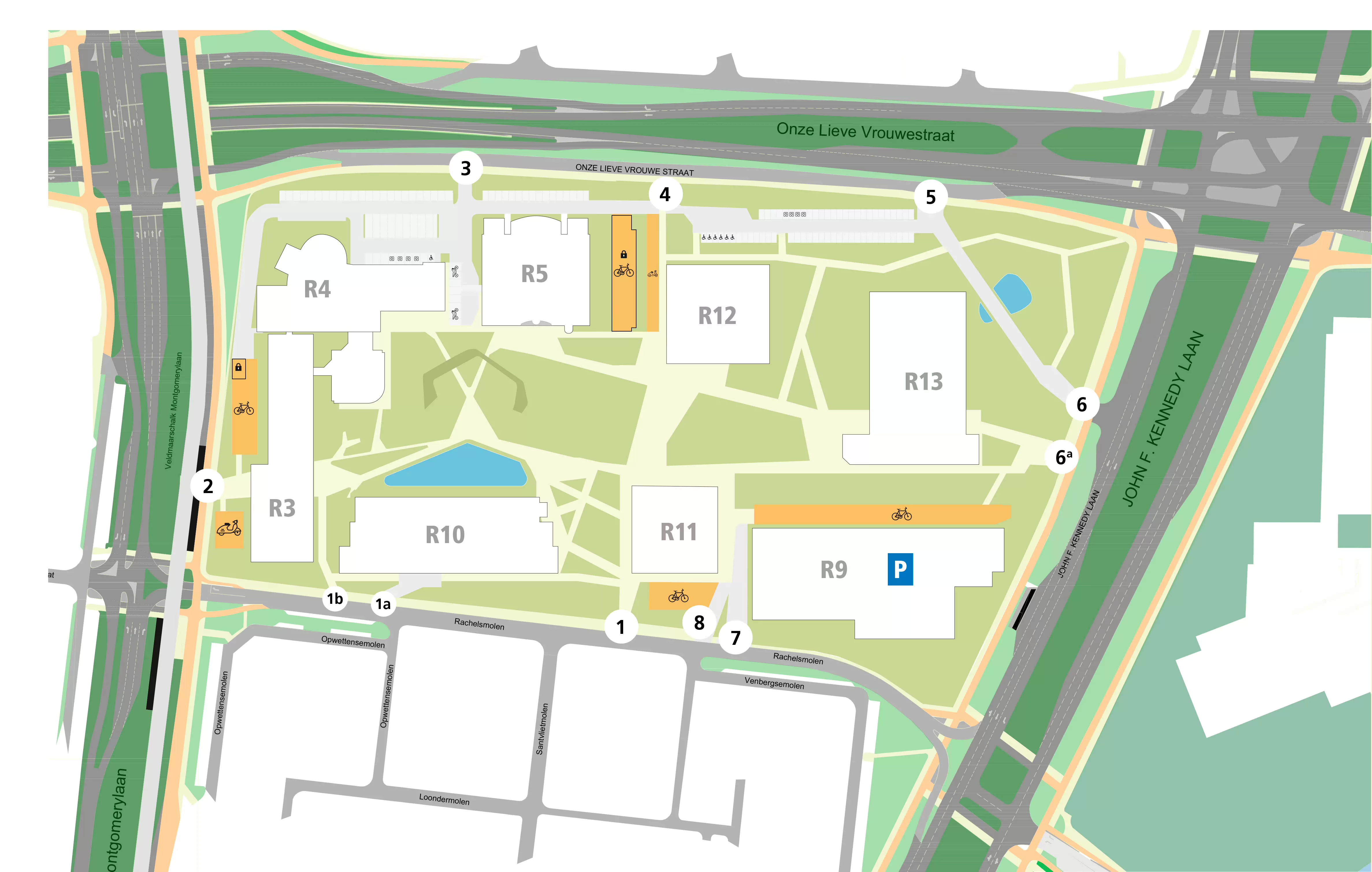 Plattegrond campus Rachelsmolen, inclusief poortnummers en fietsenstallingen