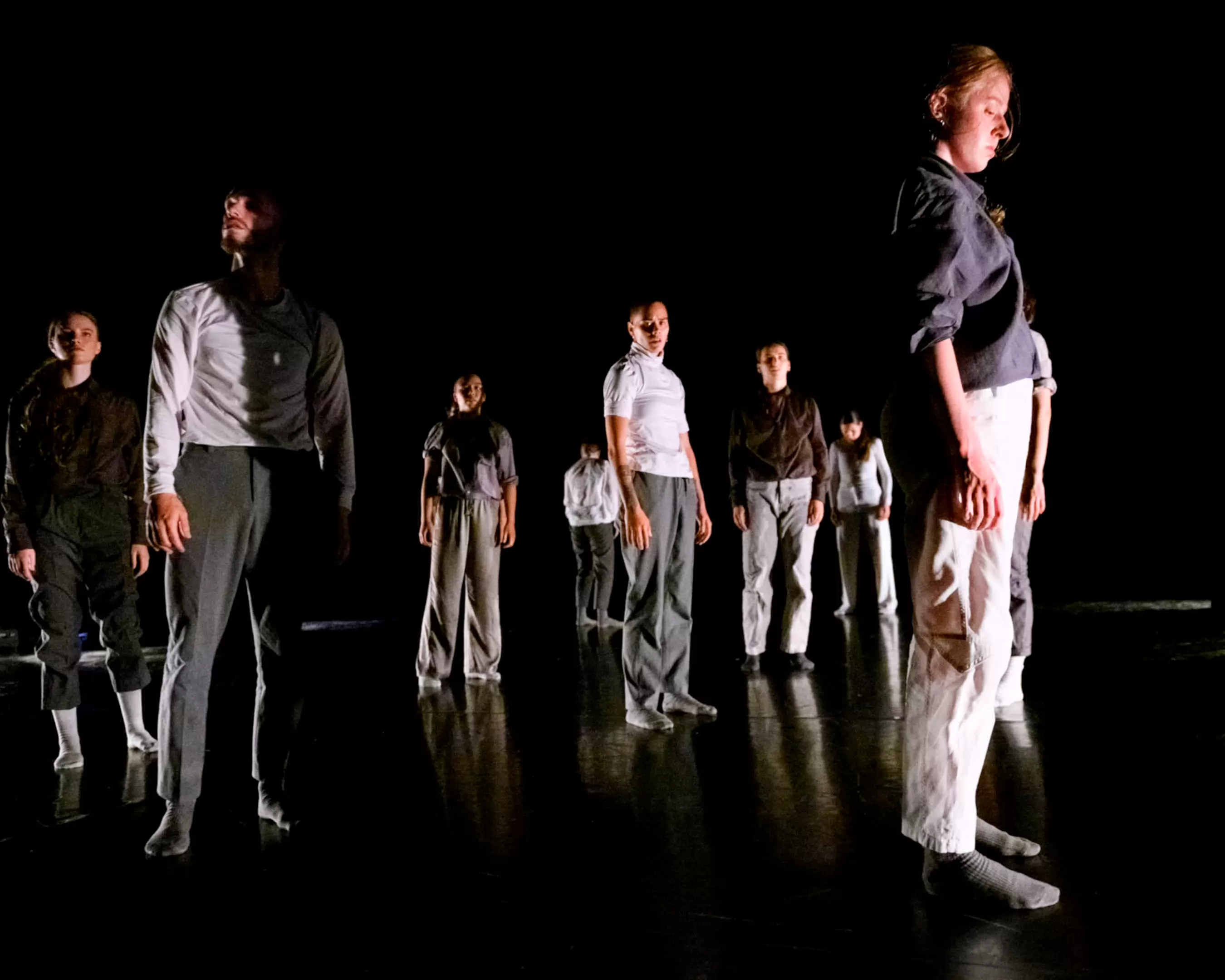 Students of the master Choreography are performing on stage, wearing socks. It is a dark photo. People are standing up. 