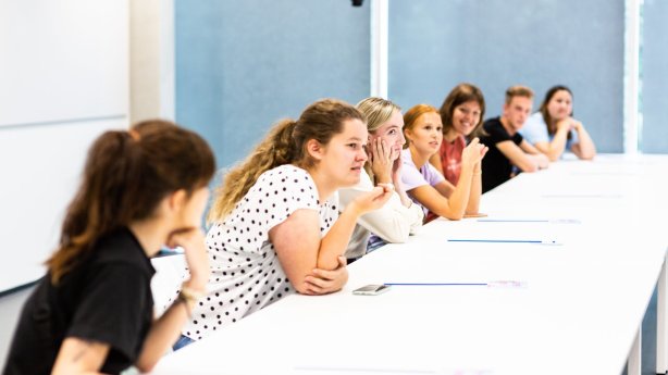 Een groep studenten volgt een les